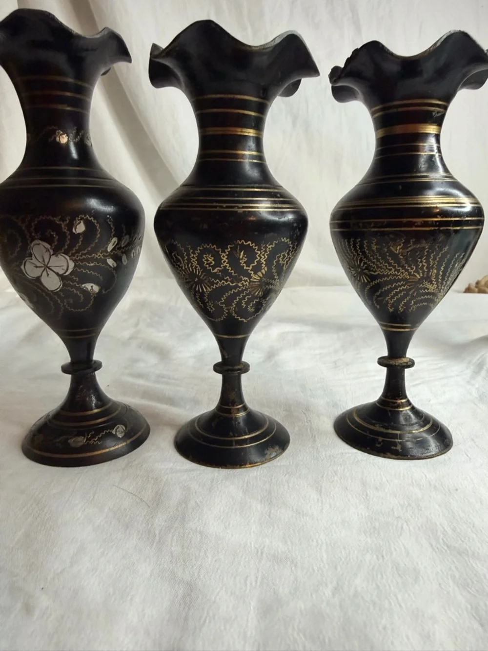 Vintage Hand-Etched Brass Bud Vases - Set of 3